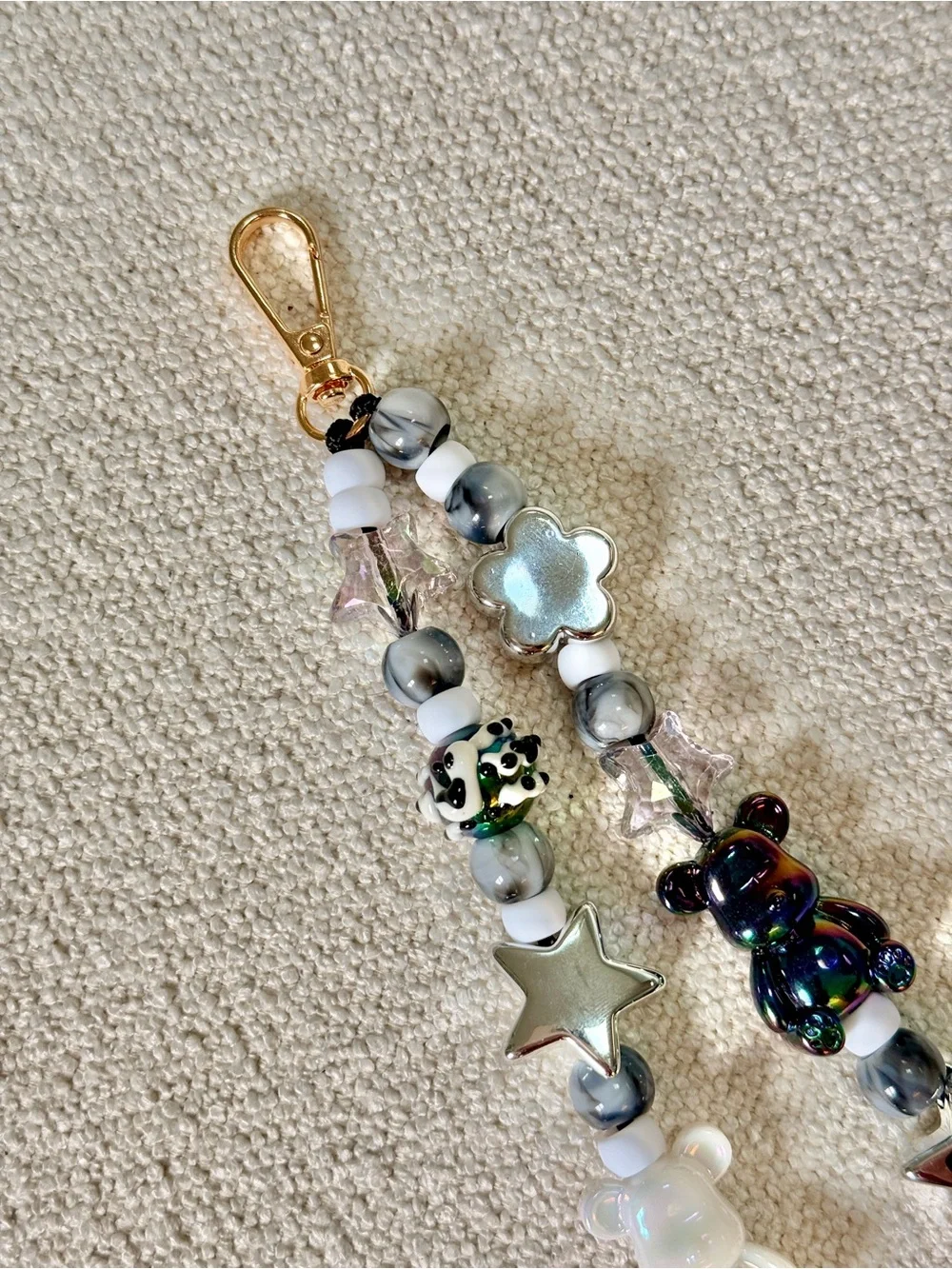 Hand Crafted Beaded Bag Charm in White, Black, Silver and Iridescent